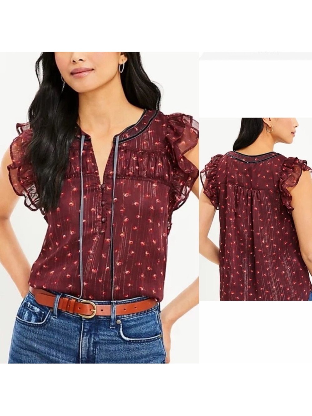LOFT Burgundy Floral Velvet Trim Blouse Size S Ruffled Sleeves Shimmer Romantic